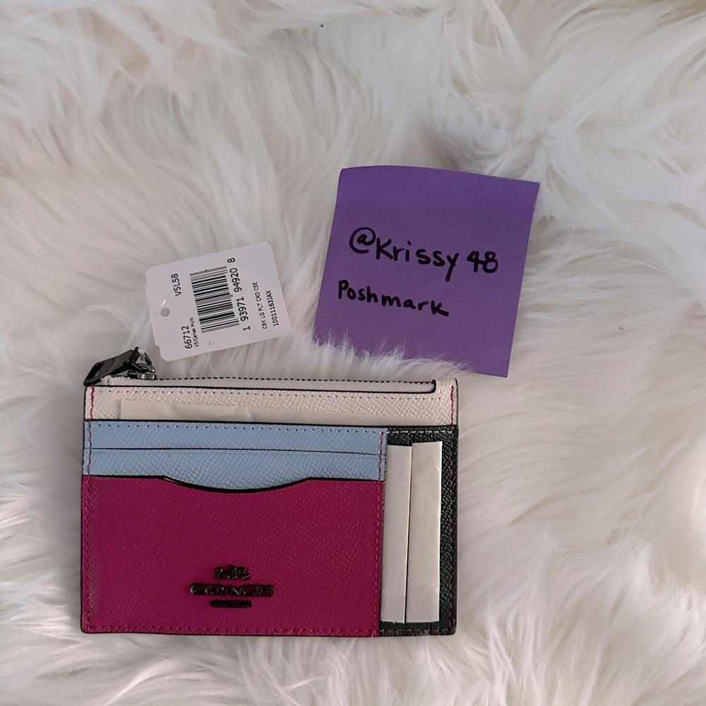 COACH Large Flat Leather Color-block Card Case :cerise multi  Style- 66712 NWT